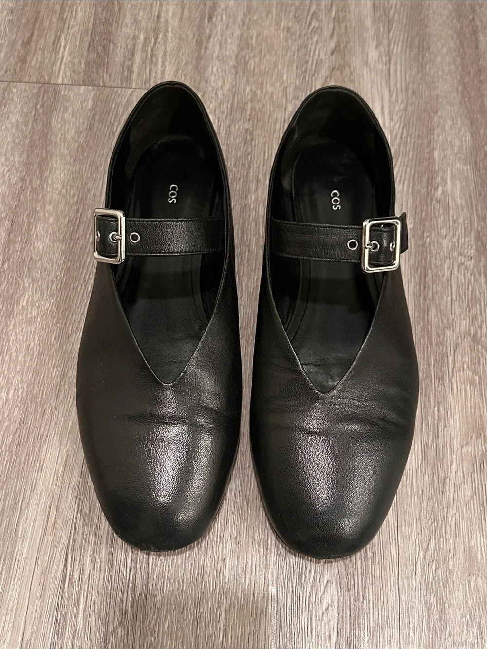 COS Women’s Black Leather Mary Jane Ballet Flats Silver Buckle Sz 42 US 11 - Picture 2 of 7